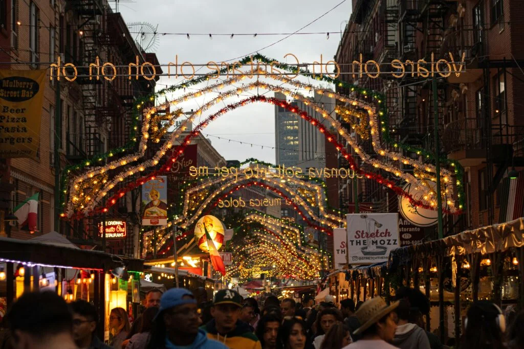 Festive Street Market with Vibrant Lights Display